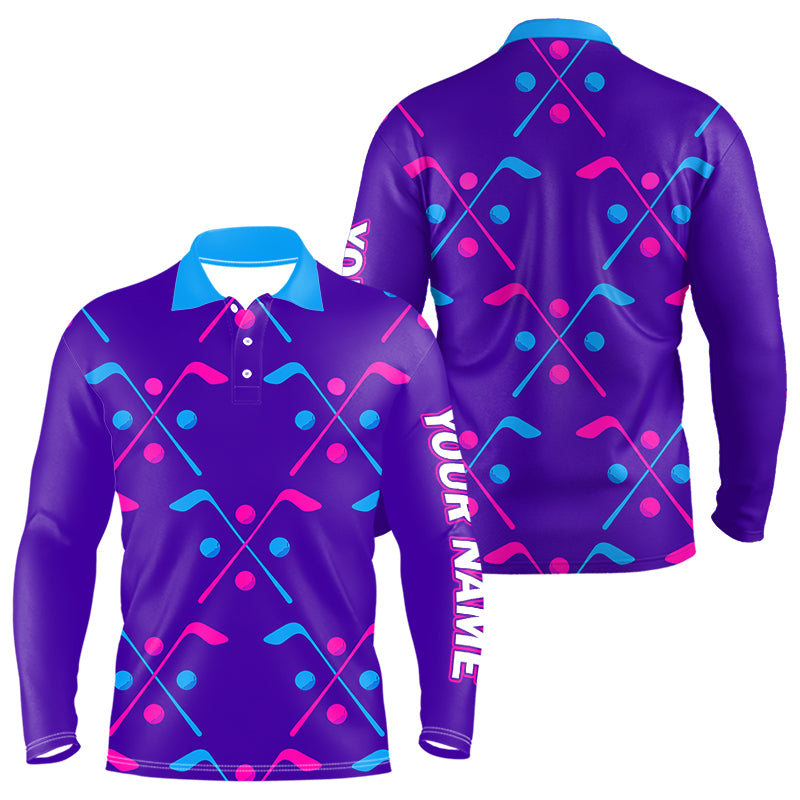 Long Sleeve Golf Polo Shirt Blue Purple Pink Custom Golf Balls And Golf Clubs Pattern, Team Golf Shirt NHN0105