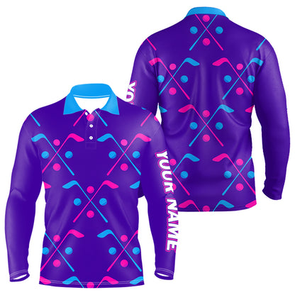 Long Sleeve Golf Polo Shirt Blue Purple Pink Custom Golf Balls And Golf Clubs Pattern, Team Golf Shirt NHN0105