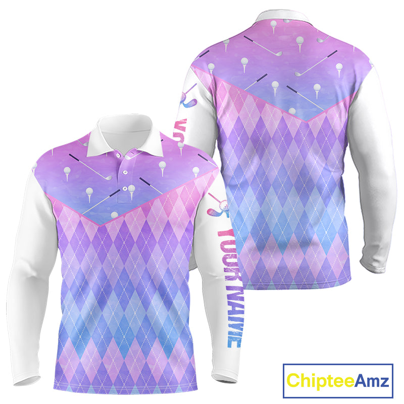 Argyle Long Sleeve Golf Polo Shirt Custom Pink & Purple Plaid Golf Clubs Pattern Team Golf Top, Golf Gifts NHN0114