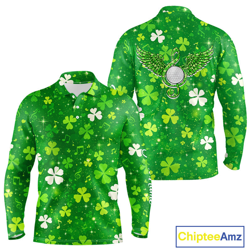 Long Sleeve Golf Polo Shirt Custom Green Music Angel Wing Golf Ball St Patricks Day Golf Shirts NHN0132