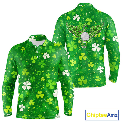 Long Sleeve Golf Polo Shirt Custom Green Music Angel Wing Golf Ball St Patricks Day Golf Shirts NHN0132