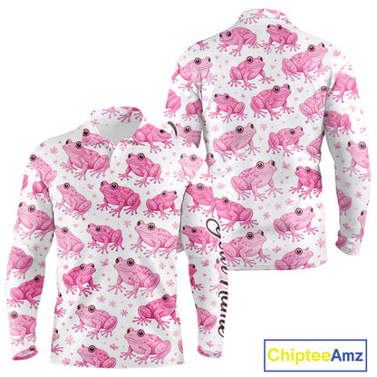 Funny Pink Frog Pattern Long Sleeve Golf Polo Shirt Custom Golf Attire For Men, Golfer Gifts NHN0134