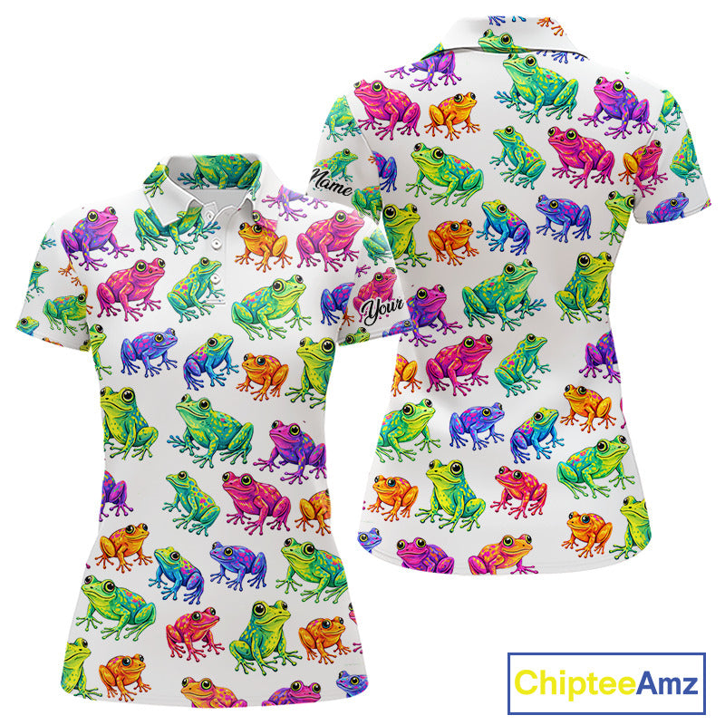 Funny Colorful Frog Pattern Womens Golf Polo Shirts Custom Watercolor Golf Attire For Ladie, Golf Gift NHN0134