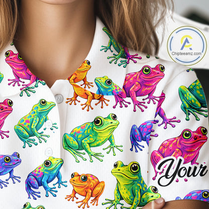 Funny Colorful Frog Pattern Womens Golf Polo Shirts Custom Watercolor Golf Attire For Ladie, Golf Gift NHN0134