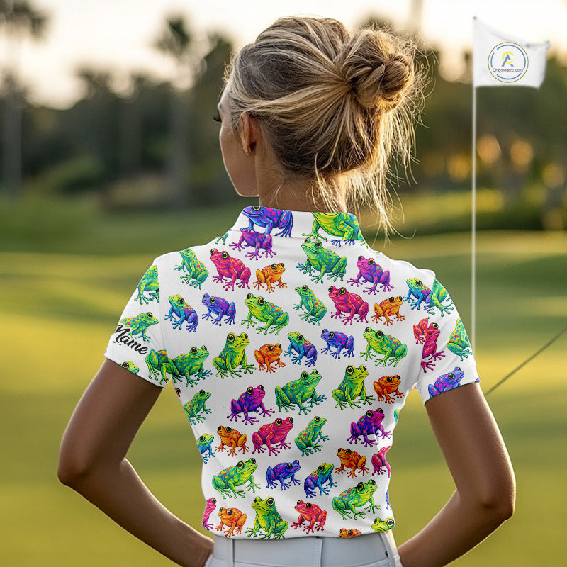 Funny Colorful Frog Pattern Womens Golf Polo Shirts Custom Watercolor Golf Attire For Ladie, Golf Gift NHN0134