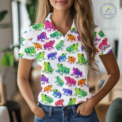 Funny Colorful Frog Pattern Womens Golf Polo Shirts Custom Watercolor Golf Attire For Ladie, Golf Gift NHN0134