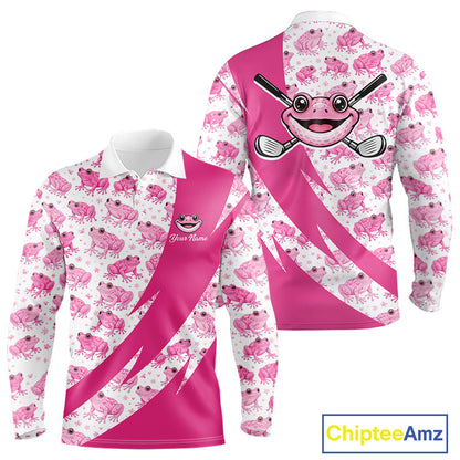 Funny Long Sleeve Golf Polo Shirt Custom Pink Frog Pattern Golf Attire For Men Golfer Gifts NHN0136
