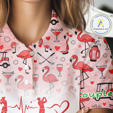 Load image into Gallery viewer, Red Flamingo Heart Theme Matching Golf Polo Shirt For Couple Custom Couple Valentines Outfit NHN0145