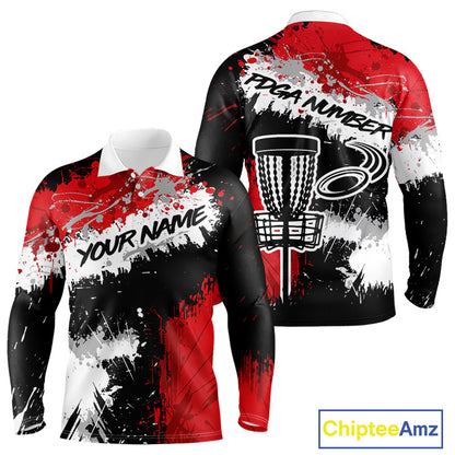 Black And Red Mens Long Sleeve Golf Polo Shirt Custom Team Number Disc Golf Basket Mens Golf Wears NHN0028