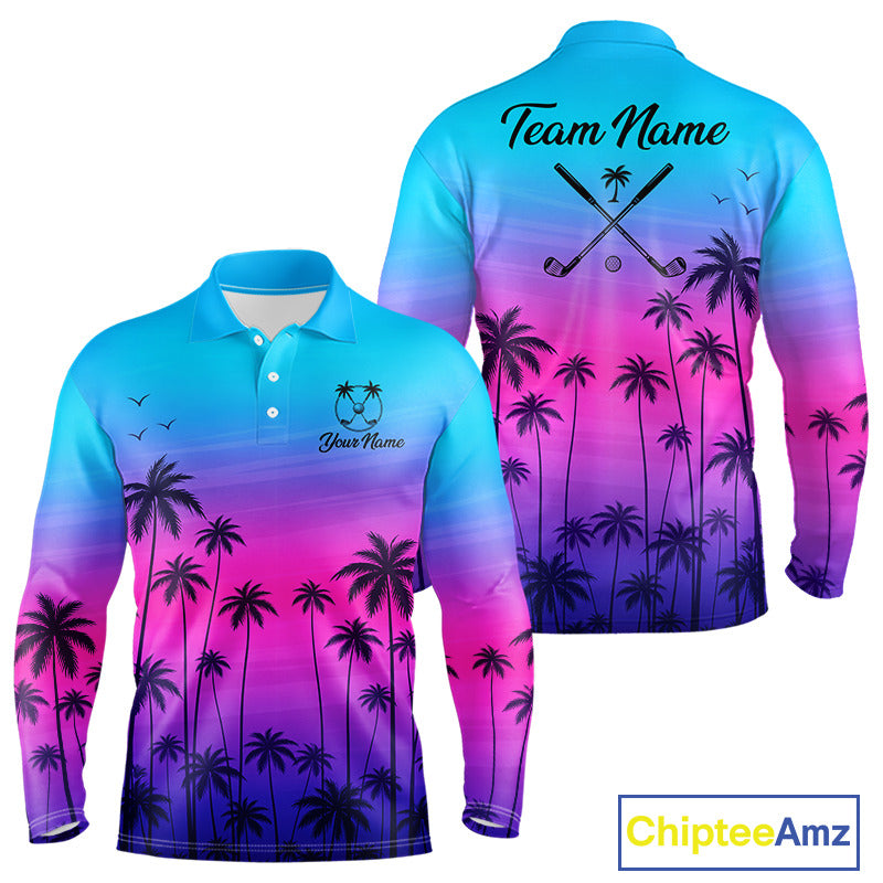 Pink Blue Neon Long Sleeve Golf Polo Shirt Custom Funny Blue Palm Golf Tops, Golfer Gifts NHN0157