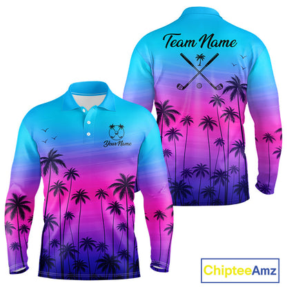 Pink Blue Neon Long Sleeve Golf Polo Shirt Custom Funny Blue Palm Golf Tops, Golfer Gifts NHN0157