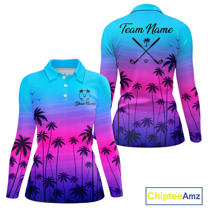 Pink Blue Neon Womens Long Sleeve Golf Polo Shirt Custom Funny Blue Palm Golf Tops, Golfer Gifts NHN0157
