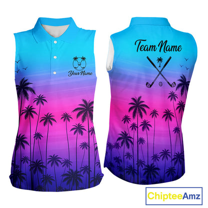 Pink Blue Neon Womens Sleeveless Golf Polo Shirt Custom Funny Blue Palm Golf Tops, Golfer Gifts NHN0157