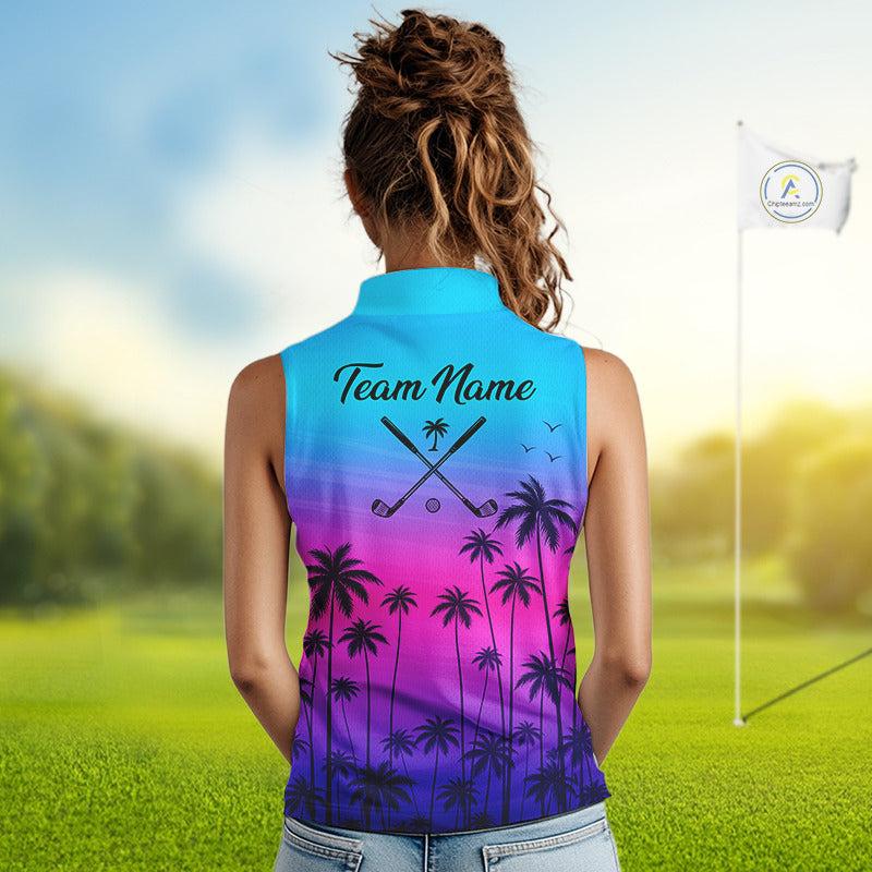 Pink Blue Neon Womens Sleeveless Golf Polo Shirt Custom Funny Blue Palm Golf Tops, Golfer Gifts NHN0157