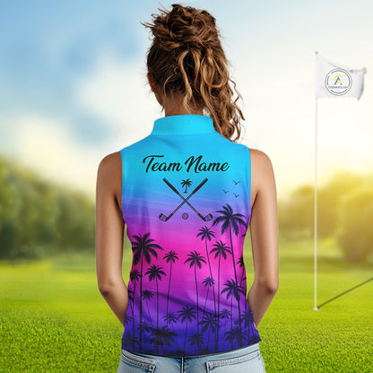 Pink Blue Neon Womens Sleeveless Golf Polo Shirt Custom Funny Blue Palm Golf Tops, Golfer Gifts NHN0157