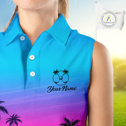 Pink Blue Neon Womens Sleeveless Golf Polo Shirt Custom Funny Blue Palm Golf Tops, Golfer Gifts NHN0157