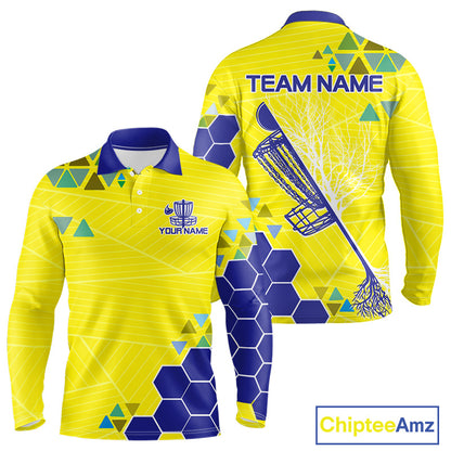 Blue And Yellow Hexagon Pattern Mens Disc Golf Polo Shirts Custom Team Disc Golf Jerseys NHN0031