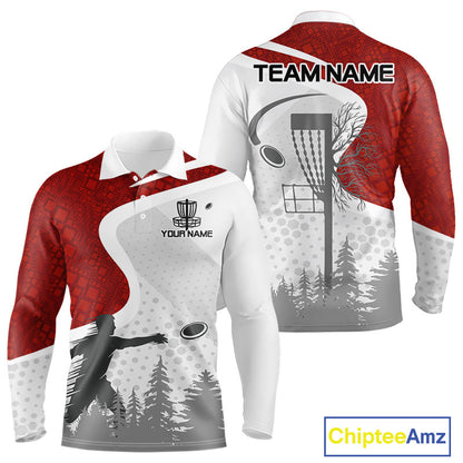Mens Disc Golf Polo Shirt Custom Name White And Red Disc Golf Basket Personalized Disc Golf Shirts NHN0032