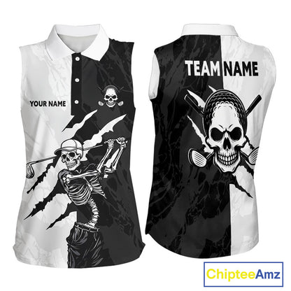 Funny Skull Golf Sleeveless Polo Shirt Custom Black And White Camo Pattern Golf Attire For Women NHN0047