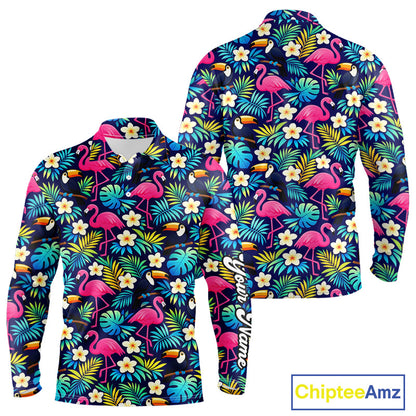 Long Sleeve Golf Polo Shirt Flamingo Floral Pattern, Colorful Tropical Leaves Custom Team Golf Shirt NHN0194