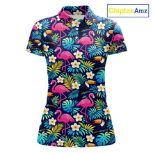 Load image into Gallery viewer, Womens Golf Polo Shirt Flamingo Floral Pattern, Colorful Tropical Leaves Custom Team Golf Shirt NHN0194