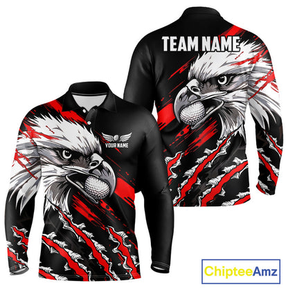 Long Sleeve Golf Polo Shirts Custom Red & Black Grunge Pattern Eagle Golf Shirts For Men, Golf Apparel NHN0062