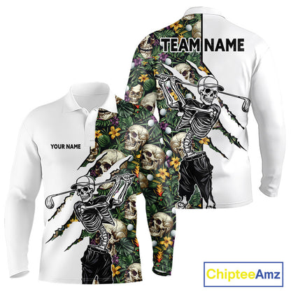 Funny Long Sleeve Golf Polo Shirt Custom Tropical Golf Ball Pattern Personalized Skull Golf Shirts NHN0047