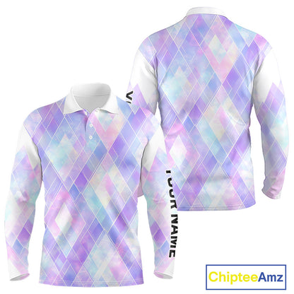 Violet And Blue Square Pattern Long Sleeve Golf Polo Shirt Custom Name Golf Tops For Men NHN0203