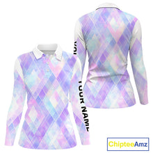 Load image into Gallery viewer, Violet And Blue Square Pattern Womens Long Sleeve Golf Polo Shirt Custom Name Golf Tops For Ladies NHN0203