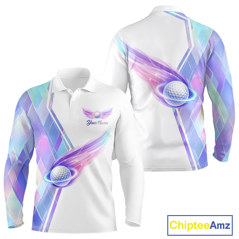 Long Sleeve Golf Polo Shirt Violet Square Plaid Pattern Custom Golf Ball Golf Tops For Men NHN0204
