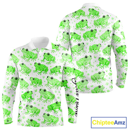 Funny Green Frog Pattern Long Sleeve Golf Polo Shirts Custom Golf Attire For Men, Golfer Gift NHN0134