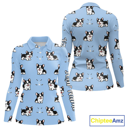 Womens Long Sleeve Golf Polo Shirt Custom Funny French Bulldog Team Ladies Golf Tops, Dog Lover Gift NHN0212