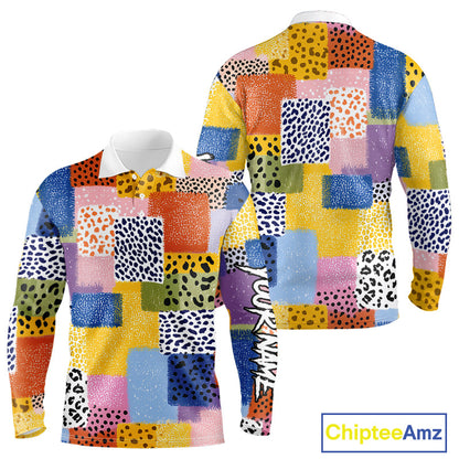 Funny Plaid Long Sleeve Golf Polo Shirt Custom Colorful Leopard Square Pattern Team Golf Top, Golf Gift NHN0218