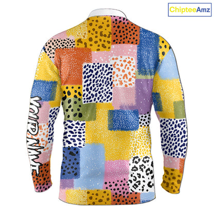 Funny Plaid Long Sleeve Golf Polo Shirt Custom Colorful Leopard Square Pattern Team Golf Top, Golf Gift NHN0218