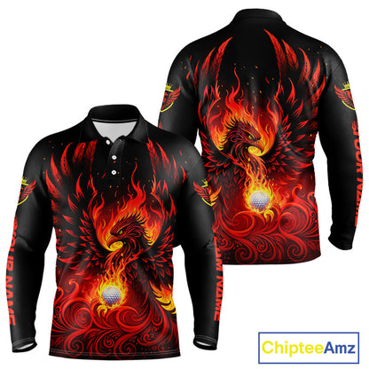 Long Sleeve Golf Polo Shirt Custom Phoenix Red Flame Team Golf Tops, Black Golf Outfit For Men NHN0084
