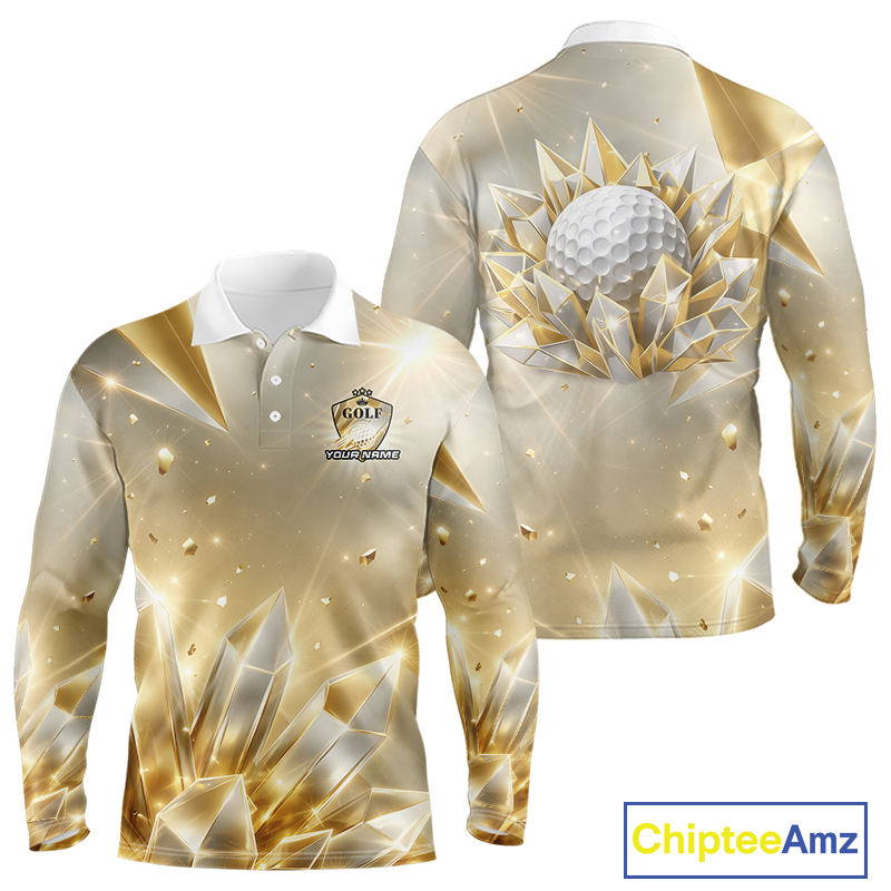 Long Sleeve Golf Polo Shirt Custom Gold Diamond Crystal Golf Ball Custom Name Golf Shirts For Group NHN0220
