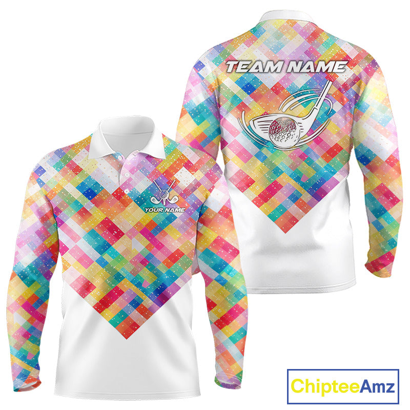 Geometric Pink Long Sleeve Golf Polo Shirt Custom Name Golf Shirts For Men Personalized Golf Gifts NHN0089