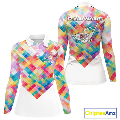 Geometric Pink Long Sleeve Golf Polo Shirt Custom Name Golf Shirts For Ladies Personalized Golf Gifts NHN0089
