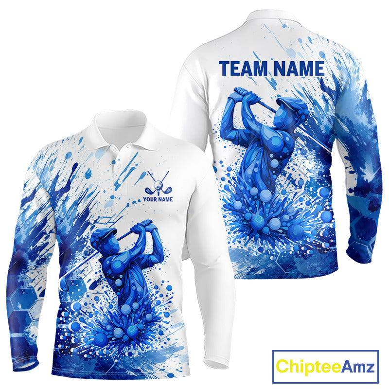 Golf Polo Shirts, Mens Long Sleeve Golf Polo Shirt Blue Painting Golfer Custom Team Golf Shirt NHN0090