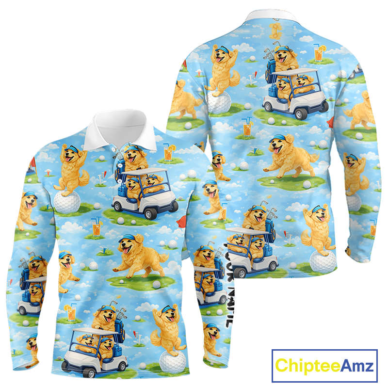 Long Sleeve Golf Polo Shirt Custom Funny Golden Retriever Blue Pattern Team Golf Tops, Dog Lover Gift NHN0225
