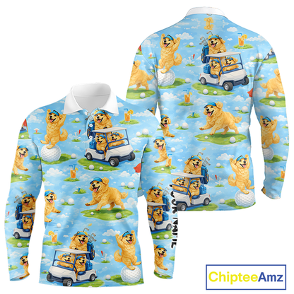 Long Sleeve Golf Polo Shirt Custom Funny Golden Retriever Blue Pattern Team Golf Tops, Dog Lover Gift NHN0225