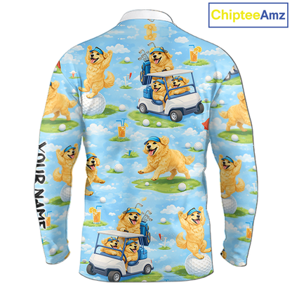 Long Sleeve Golf Polo Shirt Custom Funny Golden Retriever Blue Pattern Team Golf Tops, Dog Lover Gift NHN0225