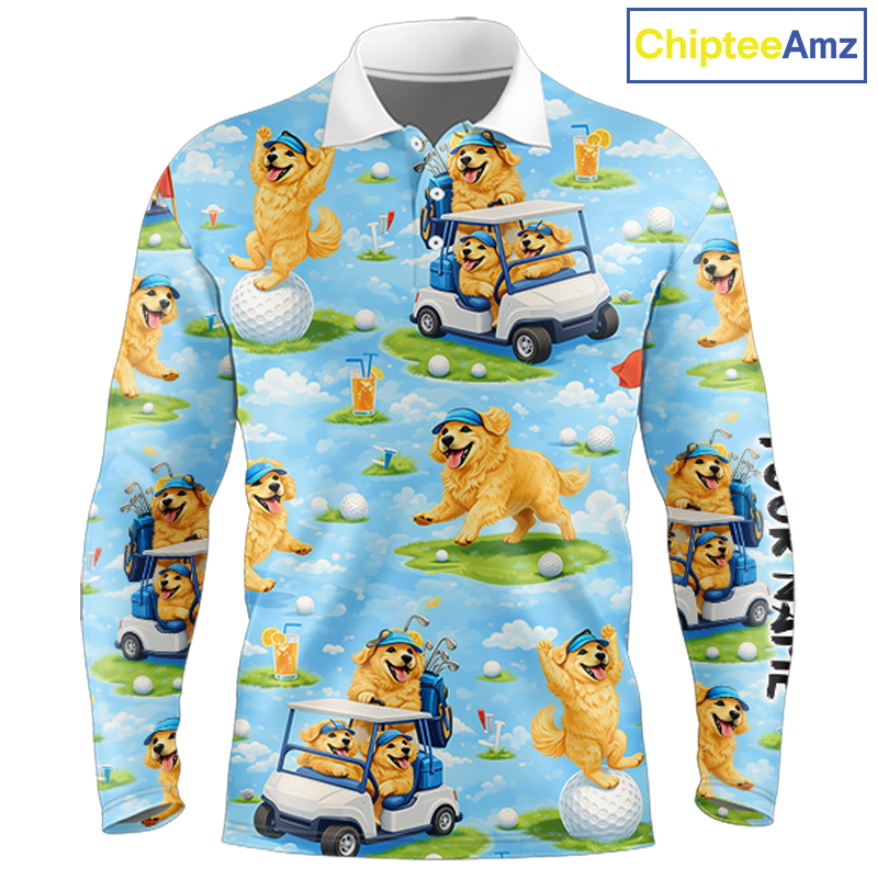 Long Sleeve Golf Polo Shirt Custom Funny Golden Retriever Blue Pattern Team Golf Tops, Dog Lover Gift NHN0225