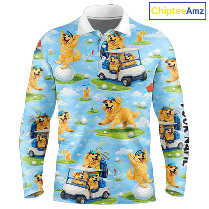 Long Sleeve Golf Polo Shirt Custom Funny Golden Retriever Blue Pattern Team Golf Tops, Dog Lover Gift NHN0225