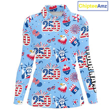 Load image into Gallery viewer, America 250th Anniversary Womens Long Sleeve Golf Polo Shirt, Patriotic USA Golf Shirts, Golf Gift NHN0232