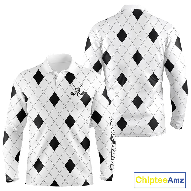 Argyle Long Sleeve Golf Polo Shirt Custom Name, Personalized Plaid Golf Shirts For Men NHN0120