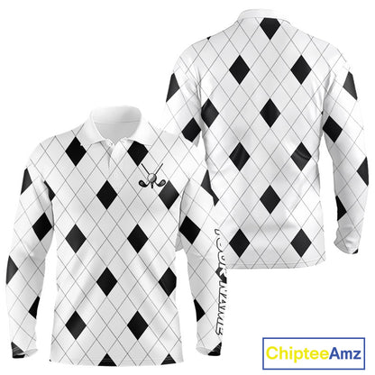 Argyle Long Sleeve Golf Polo Shirt Custom Name, Personalized Plaid Golf Shirts For Men NHN0120