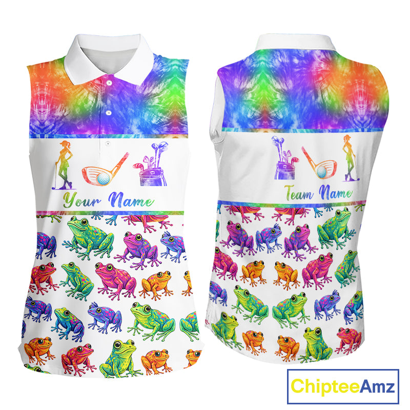 Funny Tie Dye Frog Pattern Womens Sleeveless Golf Polo Shirt Custom Watercolor Golf Attire For Ladies NHN0135