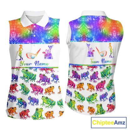 Funny Tie Dye Frog Pattern Womens Sleeveless Golf Polo Shirt Custom Watercolor Golf Attire For Ladies NHN0135