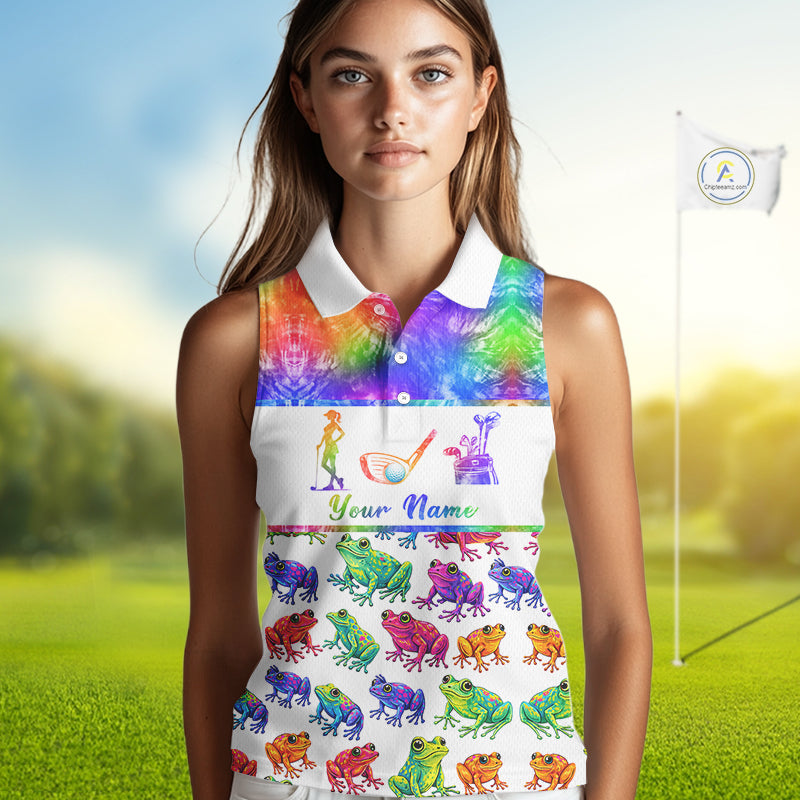 Funny Tie Dye Frog Pattern Womens Sleeveless Golf Polo Shirt Custom Watercolor Golf Attire For Ladies NHN0135